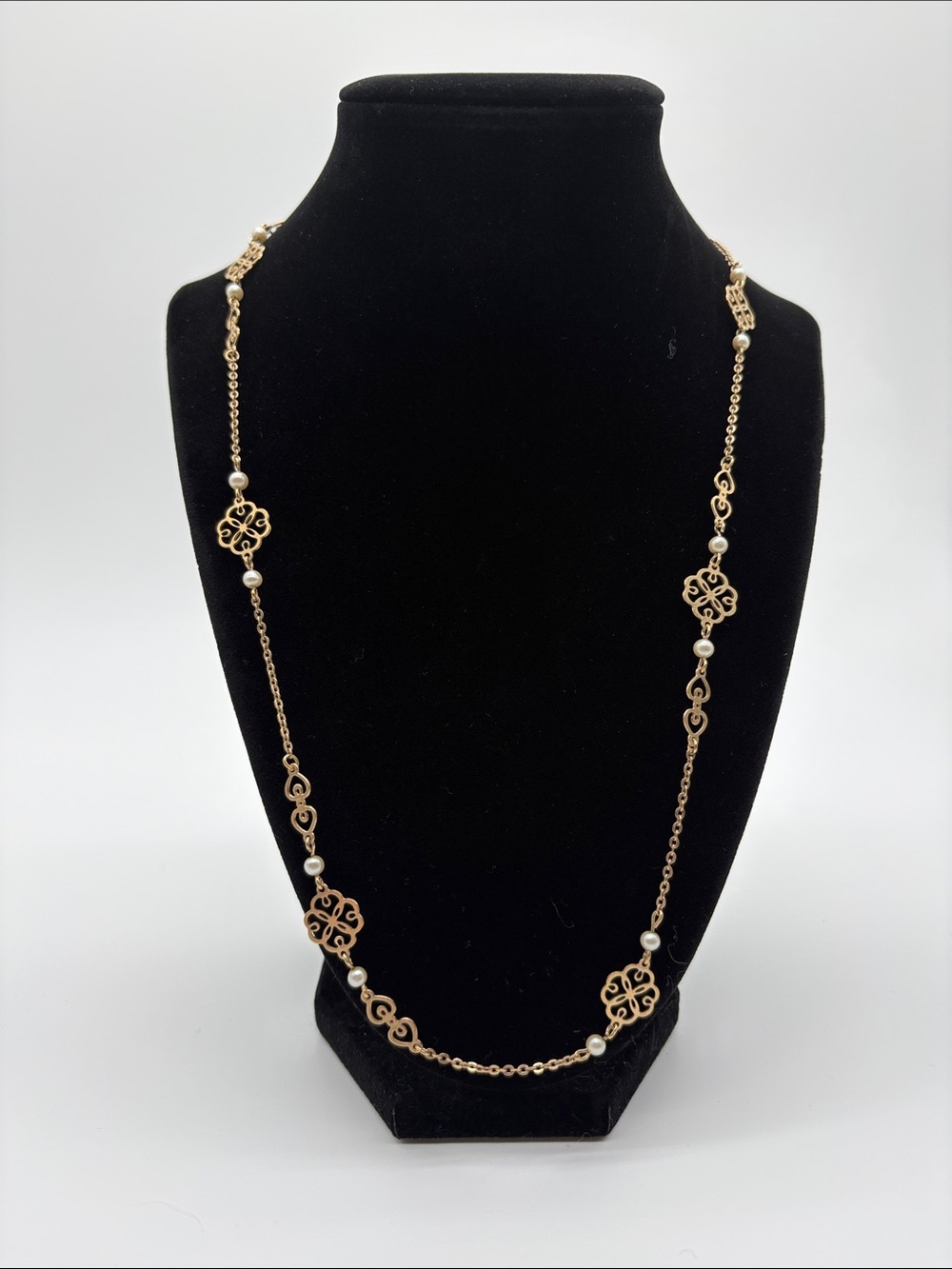Gold Filigree Pearl Station Necklace Floral Link Elegant Women Jewelry